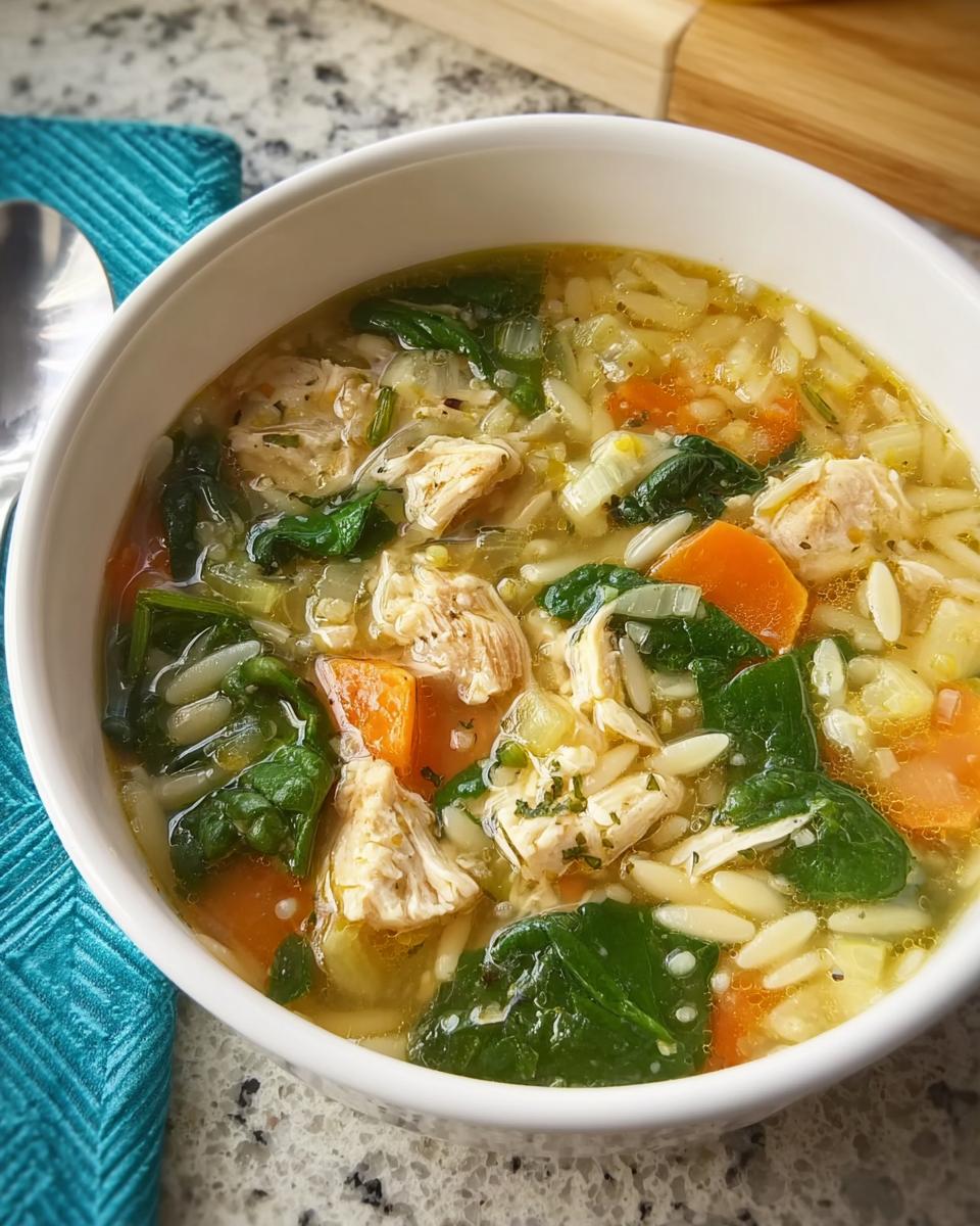 A close-up of a bowl of restaurant-style chicken orzo soup with spinach and carrots.