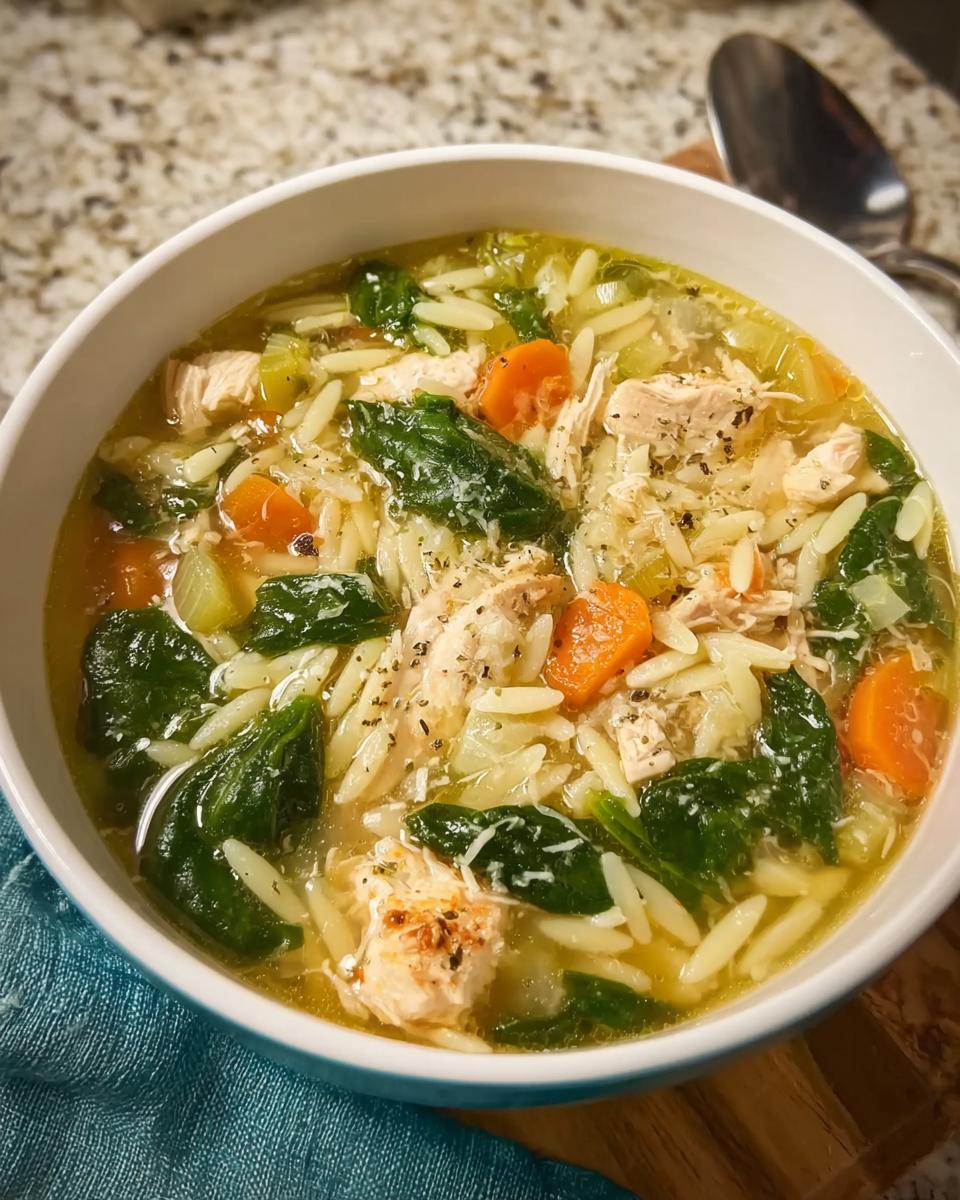 A hearty bowl of restaurant-style chicken orzo soup with spinach and carrots, perfect for a comforting meal at home.