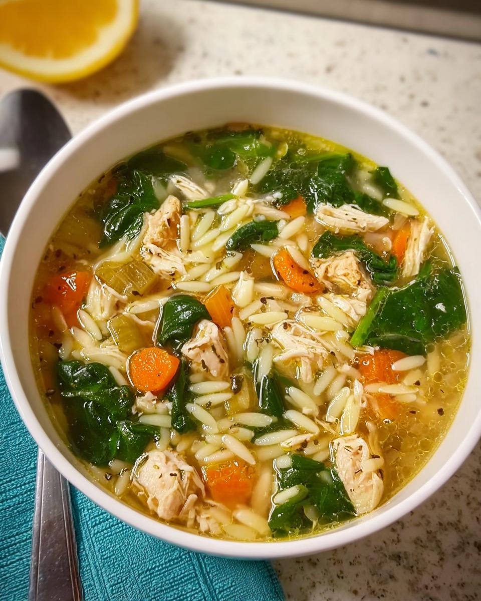 A bowl of hearty chicken orzo soup with carrots, spinach, and shredded chicken, perfect for restaurant-style soup recipes at home.