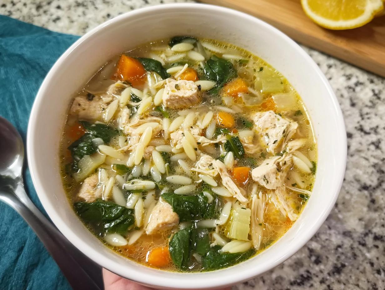 A close-up of a bowl of restaurant-style chicken orzo soup with carrots, spinach, and herbs.