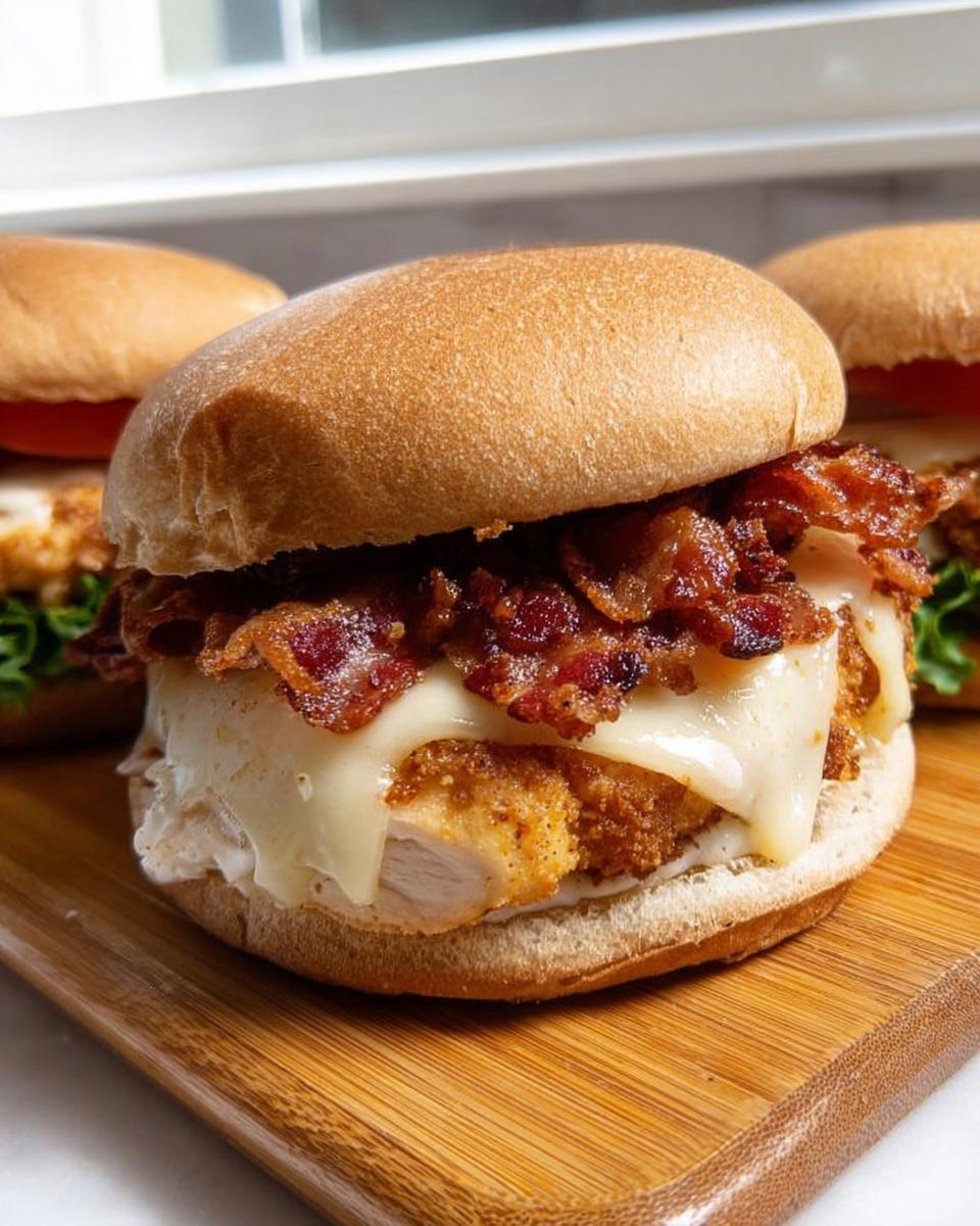 Close-up of a restaurant-style crispy chicken sandwich with melted cheese and bacon, perfect for easy dinner recipes at home.