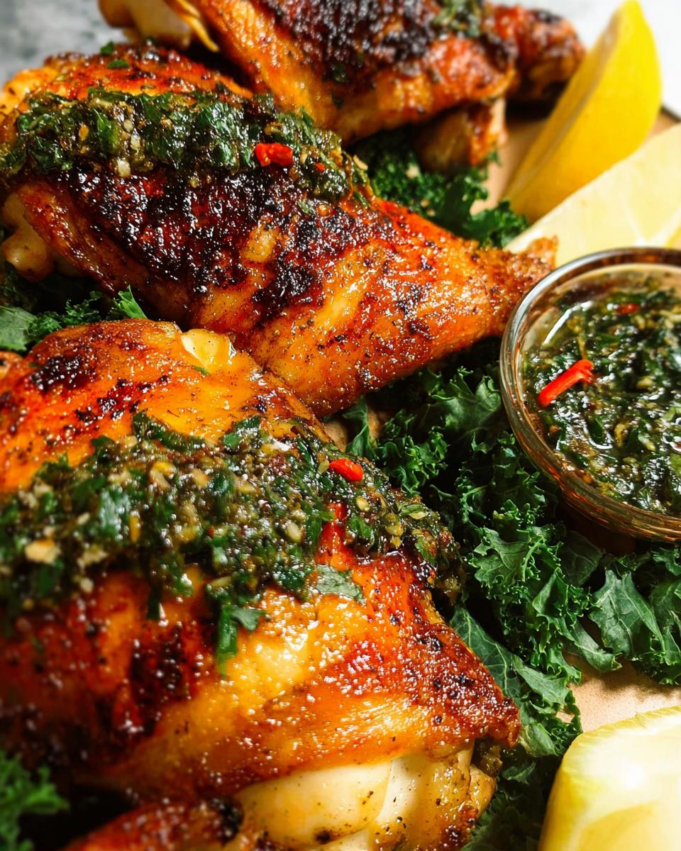 Close-up of juicy restaurant-style chicken thighs, topped with vibrant gremolata and served with lemon wedges.