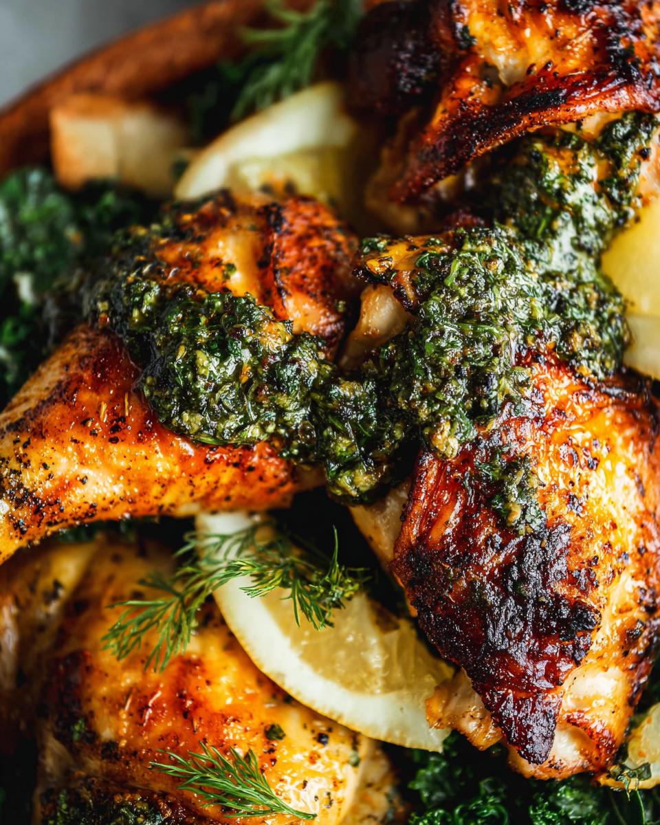 Close-up of juicy, golden-brown restaurant-style chicken thighs topped with vibrant gremolata and lemon slices.