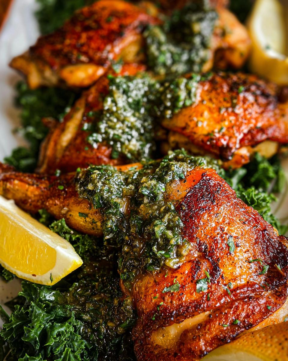 Close-up of restaurant-style chicken thighs with crispy skin, topped with gremolata and served on a bed of kale with lemon wedges.