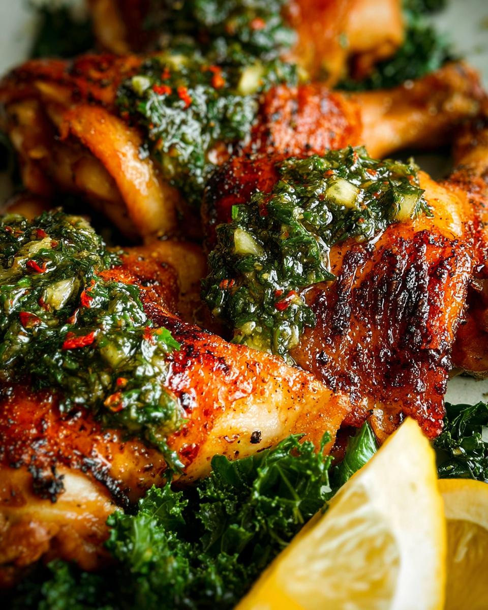 Close-up of juicy, golden-brown restaurant-style chicken thighs topped with fresh gremolata and served with kale and lemon.