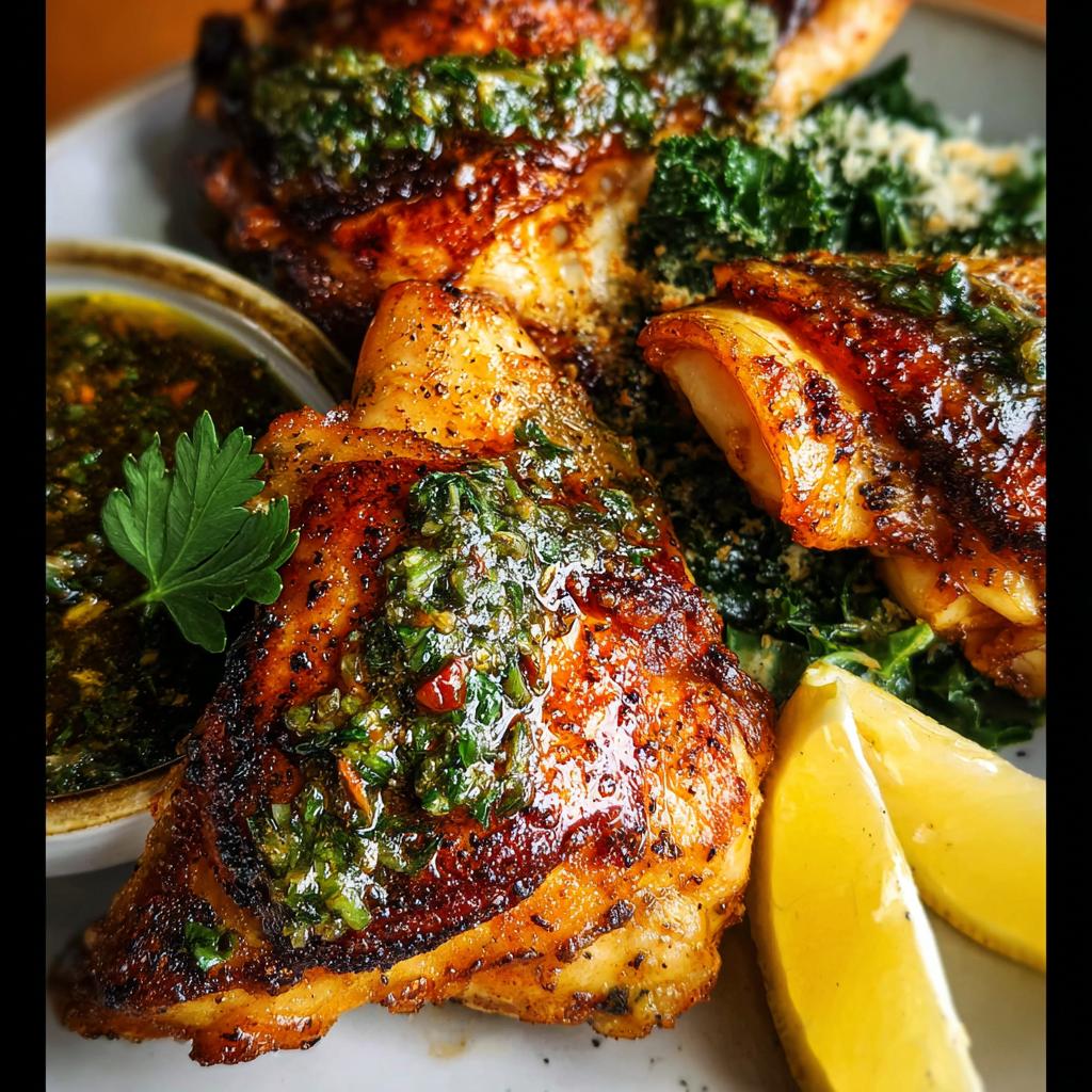 Close-up of juicy restaurant-style chicken thighs topped with vibrant gremolata and served with kale and lemon wedges.