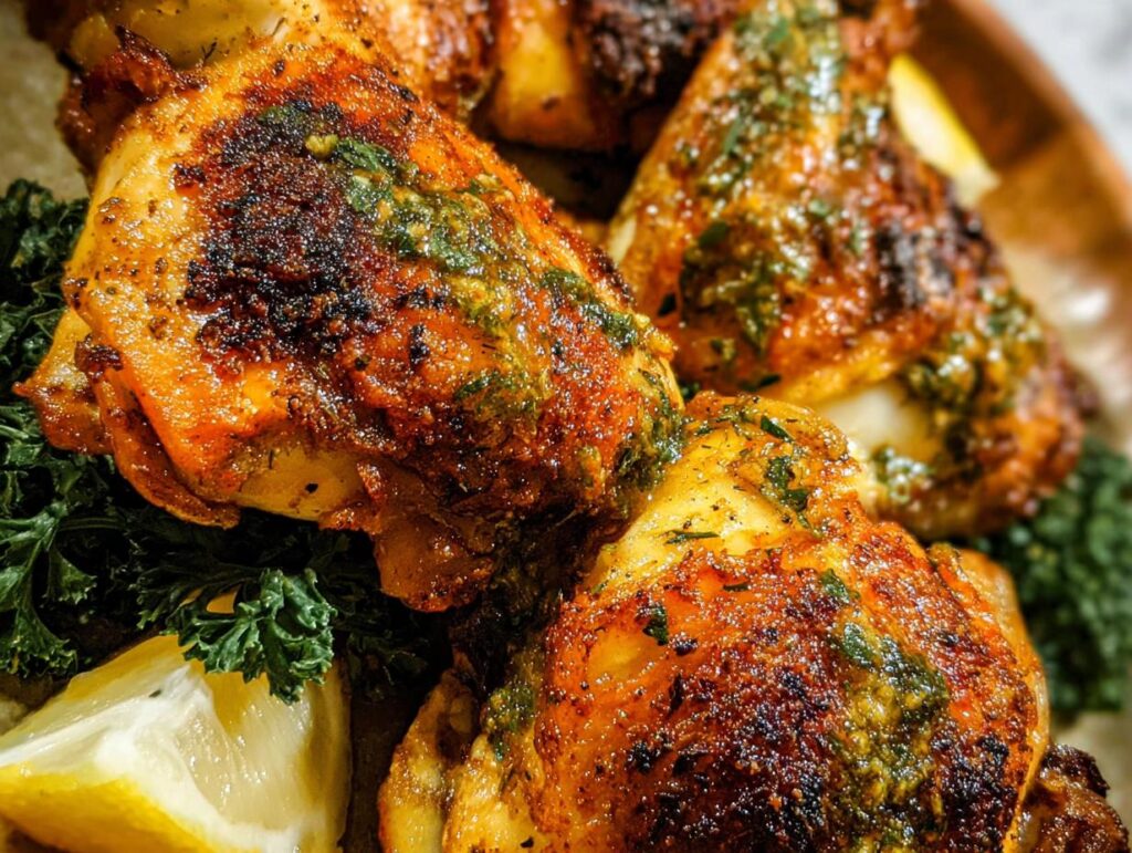 Close-up of perfectly cooked restaurant-style chicken thighs, seasoned and drizzled with herbs, served with lemon wedges and greens.