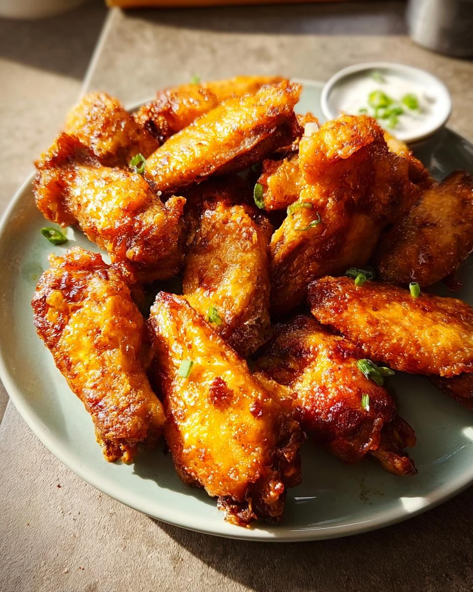A plate of golden-brown, crispy restaurant-style chicken wings, garnished with chopped green onions and a small dish of dipping sauce.