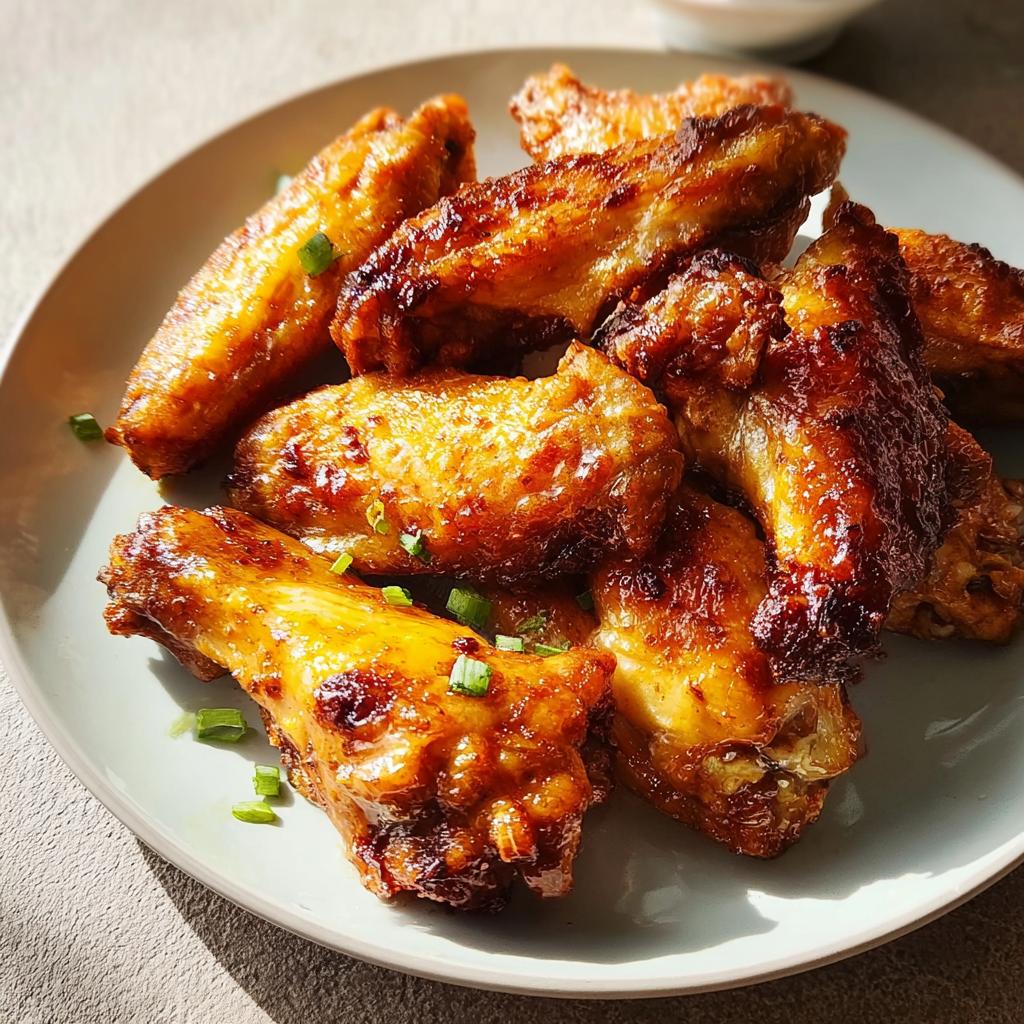 A plate of golden brown, glossy restaurant-style chicken wings, garnished with chopped green onions.