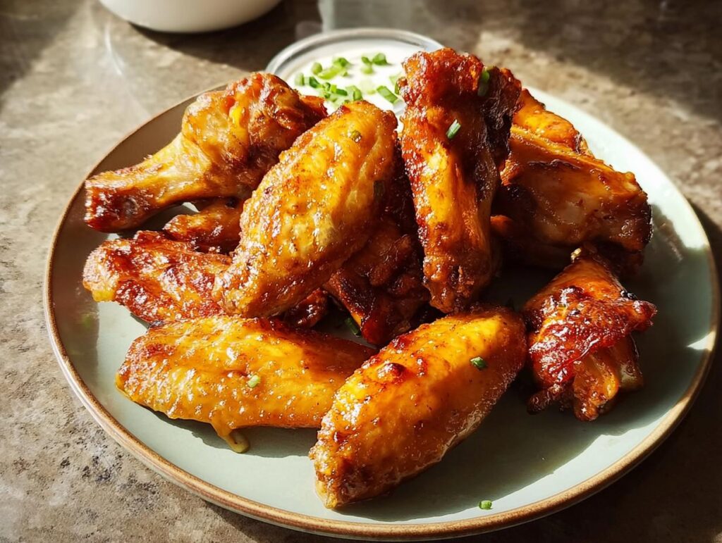 A plate of golden brown, glossy restaurant-style chicken wings with a side of dipping sauce.