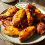 A plate of golden brown, glossy restaurant-style chicken wings with a side of dipping sauce.