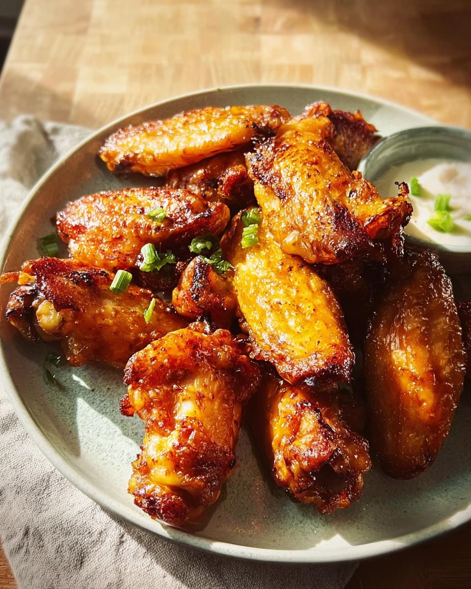 A plate of golden brown, crispy restaurant-style chicken wings, garnished with green onions, served with a side of dipping sauce.