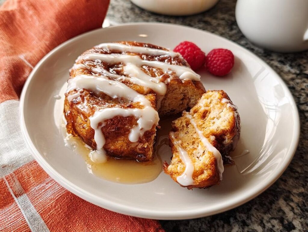 Close-up of a restaurant-style cinnamon roll drizzled with icing and syrup, served with raspberries.