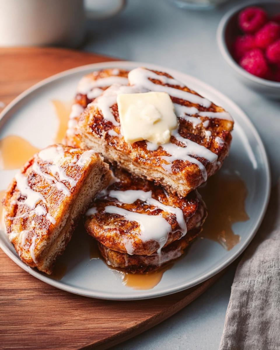 Stack of restaurant-style cinnamon rolls drizzled with icing and topped with butter, a perfect breakfast idea.