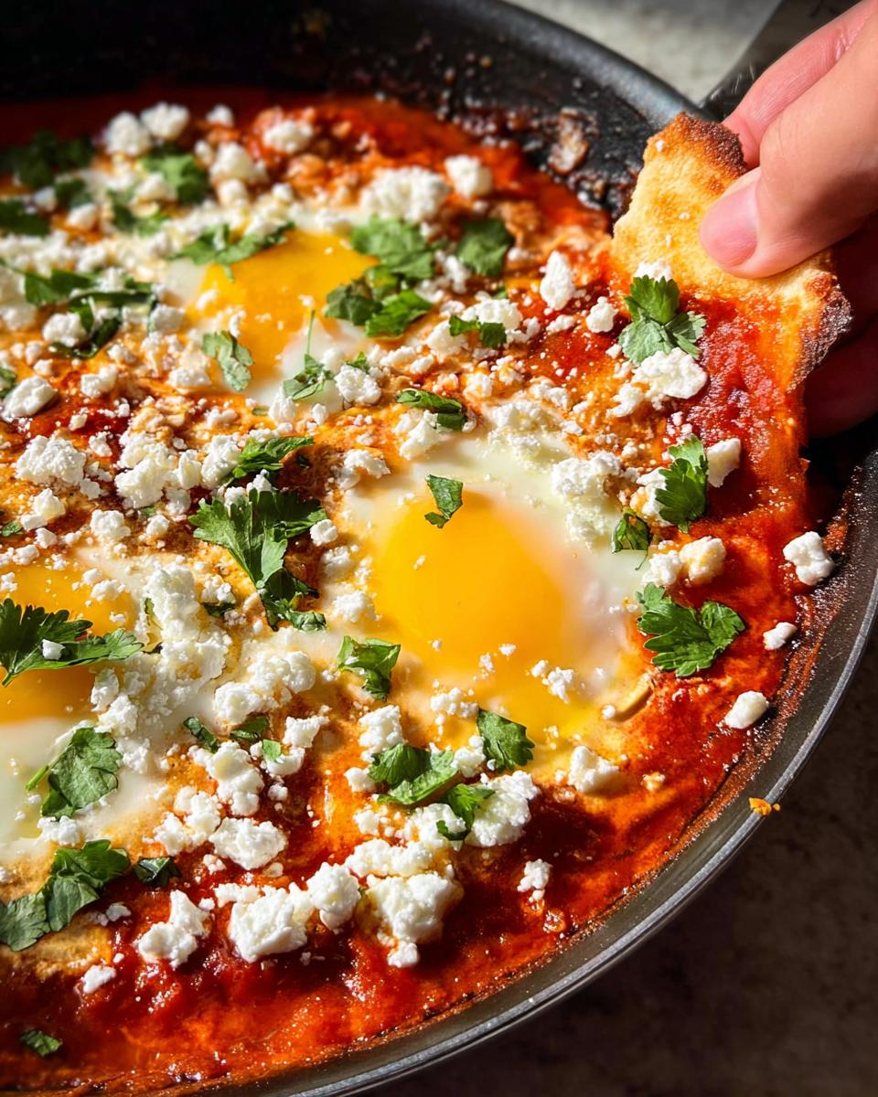 A hand dips a piece of bread into a skillet of Shakshuka, a restaurant-style egg recipe with poached eggs in tomato sauce, feta, and cilantro.