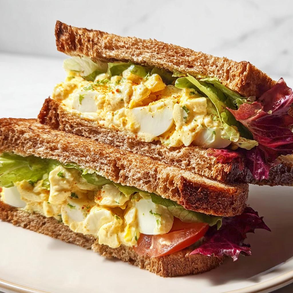 Two halves of a restaurant-style egg salad sandwich stacked on whole wheat bread with lettuce and tomato.