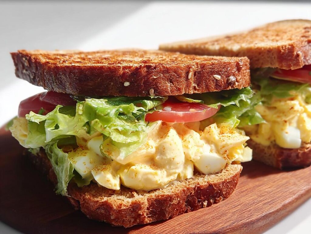 A delicious restaurant-style egg salad sandwich with whole wheat bread, lettuce, and tomato.