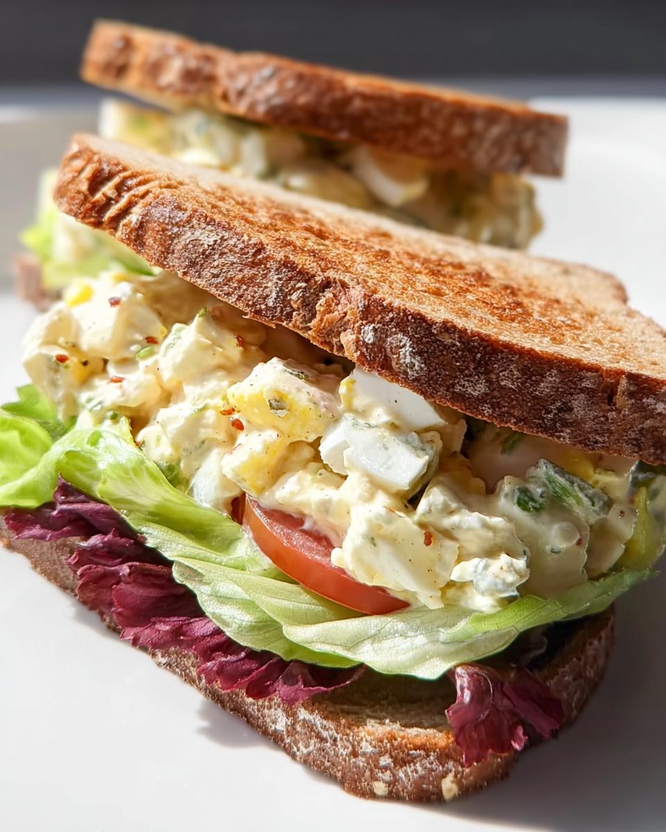 Close-up of a delicious restaurant-style egg salad sandwich with whole wheat bread, lettuce, tomato, and creamy egg filling.