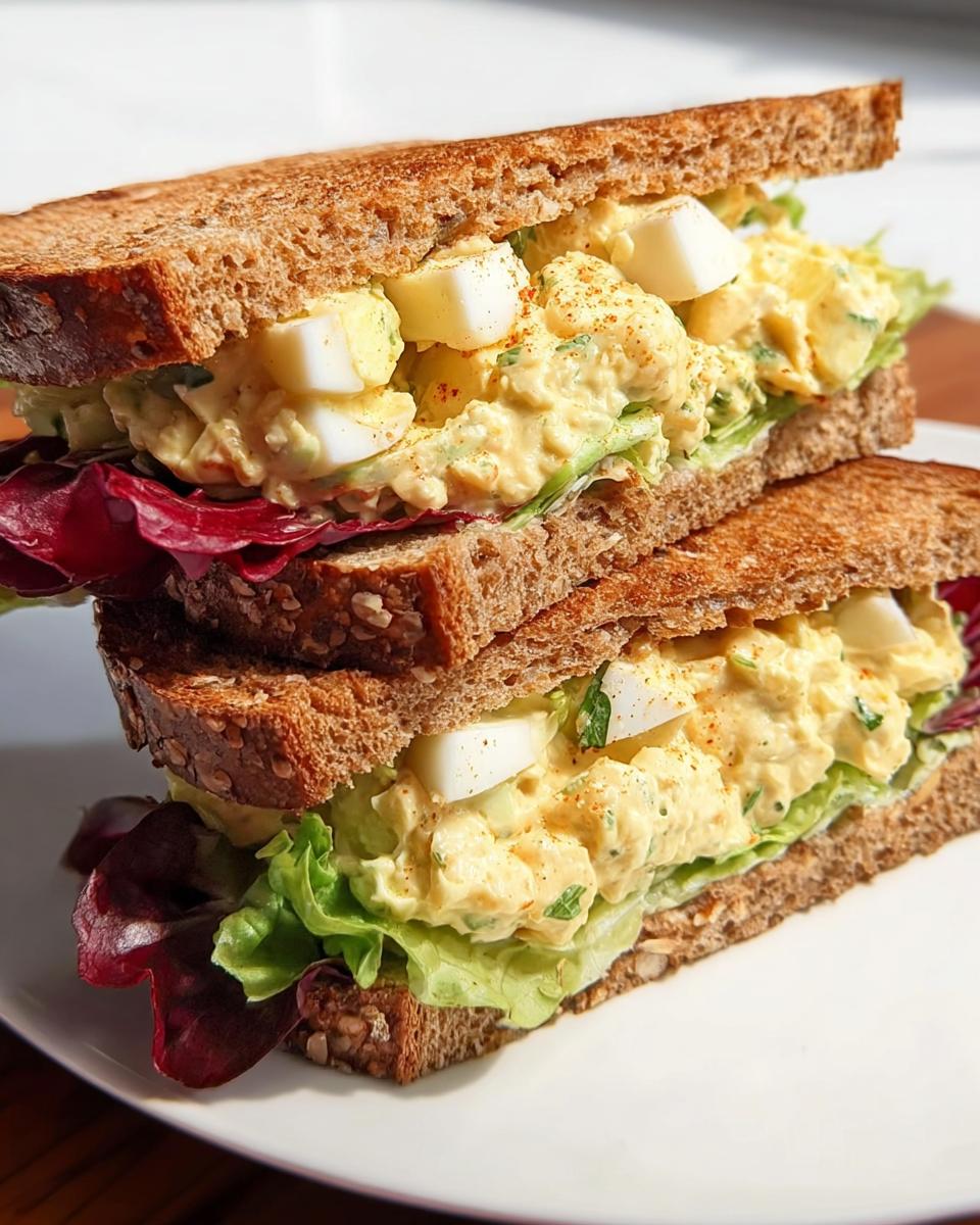 Two stacked restaurant-style egg salad sandwiches on whole wheat bread with lettuce and red leaf lettuce.