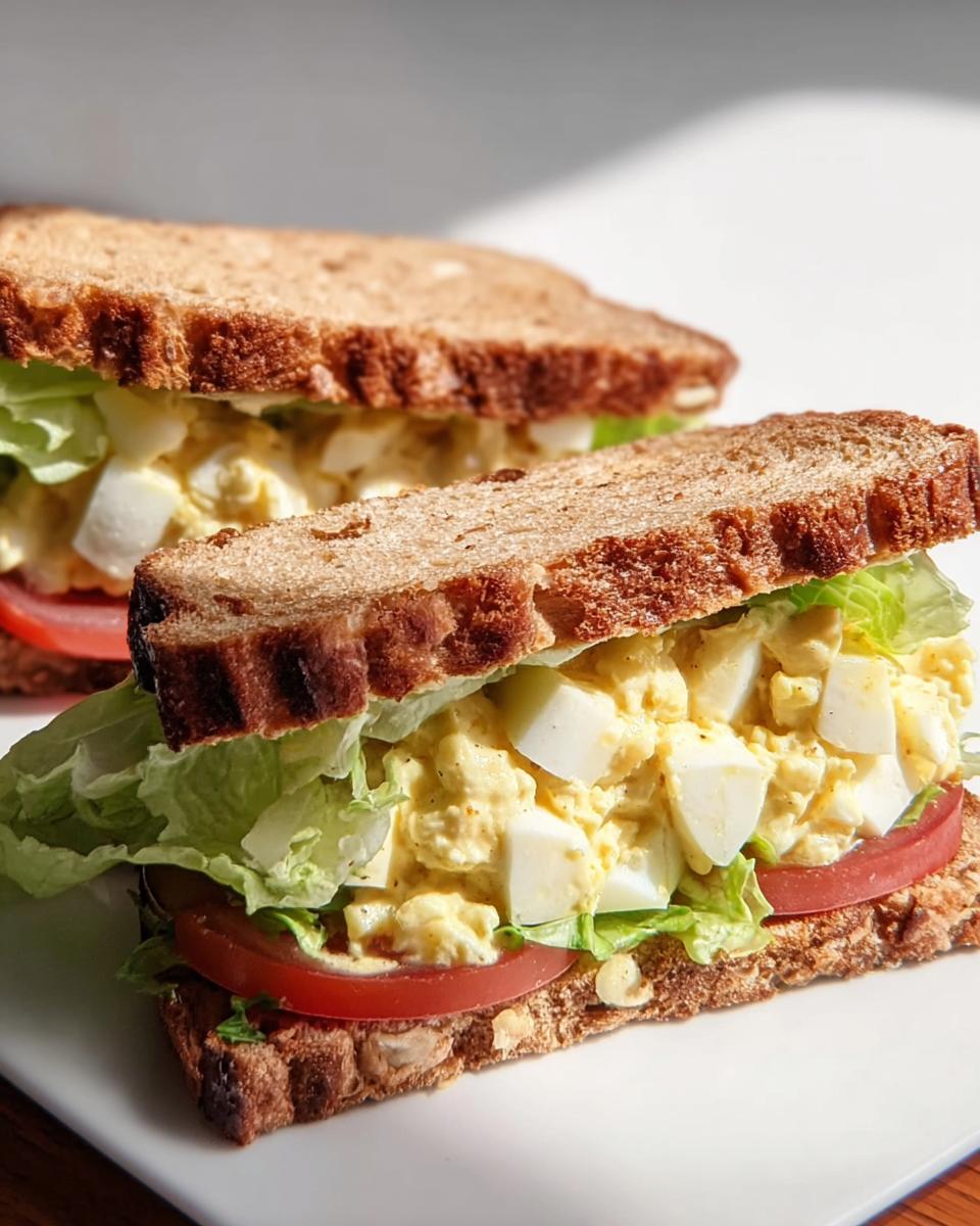 Two restaurant-style egg salad sandwiches on whole wheat bread with lettuce and tomato.