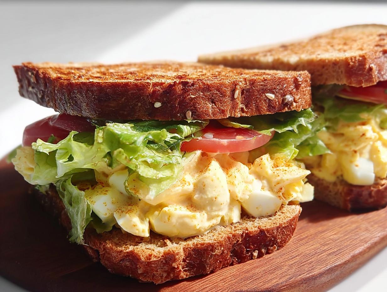 A delicious restaurant-style egg salad sandwich with whole wheat bread, lettuce, and tomato.