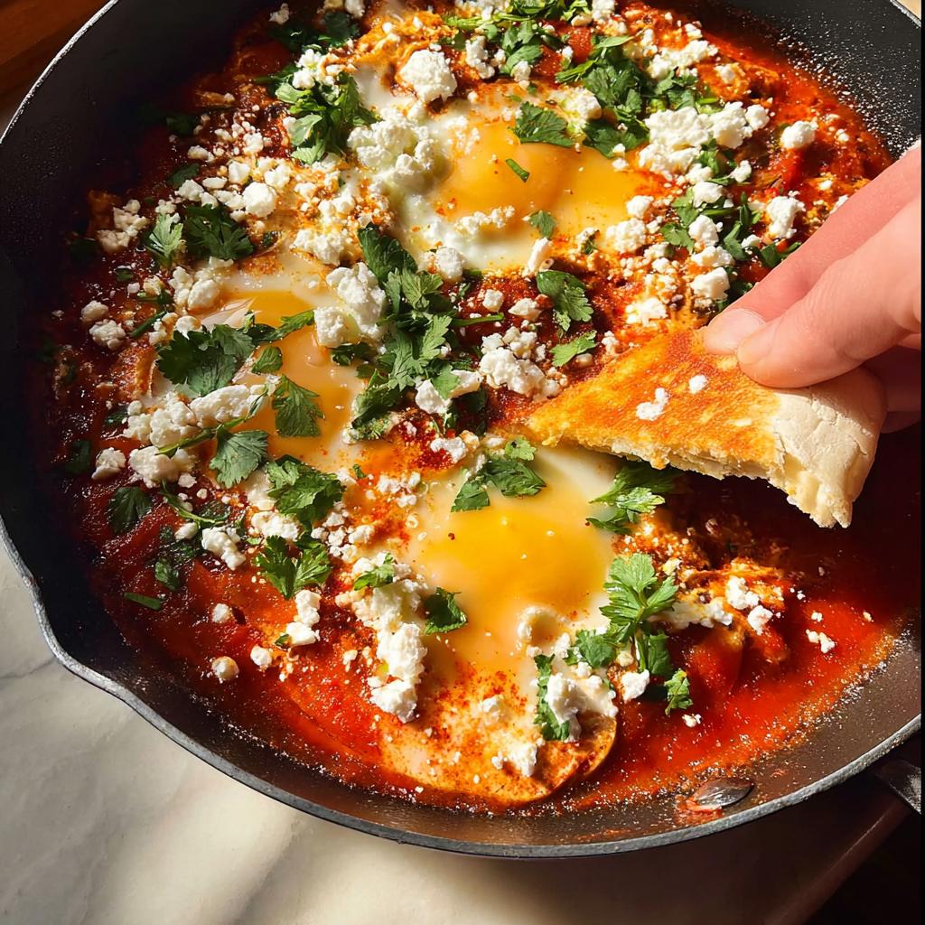 A hand dipping bread into a skillet of restaurant-style eggs, shakshuka with feta and cilantro.
