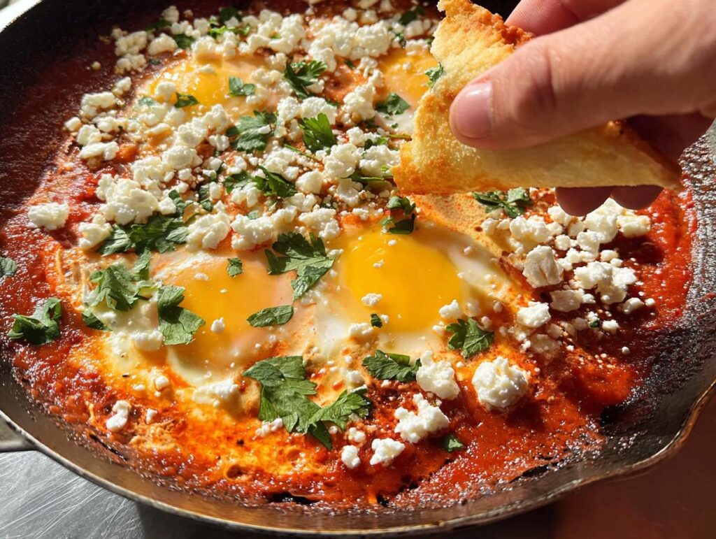 A hand dips bread into a skillet of restaurant-style eggs, shakshuka with feta cheese and parsley.