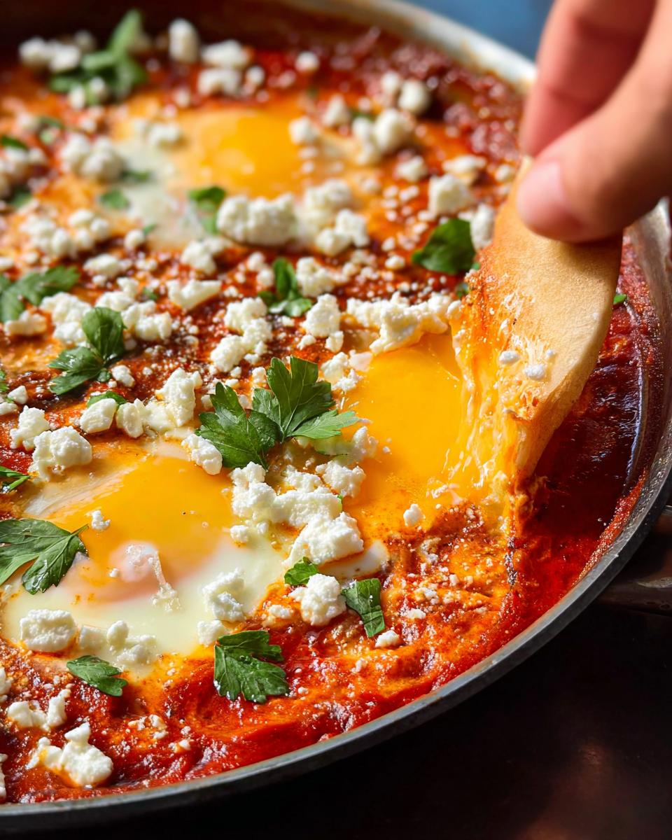 A hand dips bread into a pan of Restaurant-Style Eggs, a vibrant shakshuka dish with runny yolks and crumbled feta.
