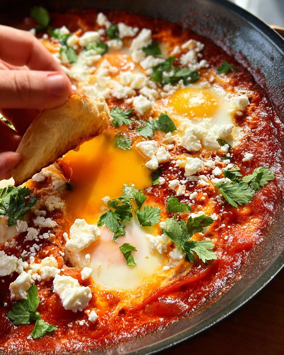 A hand dips bread into a pan of restaurant-style eggs, shakshuka with feta cheese and cilantro.