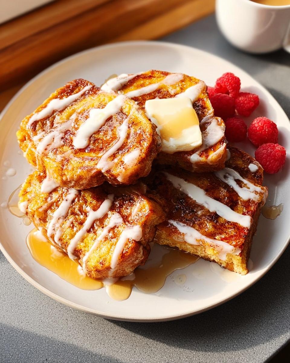 Golden brown French toast drizzled with icing, topped with butter, and served with raspberries, showcasing restaurant-style breakfast ideas.