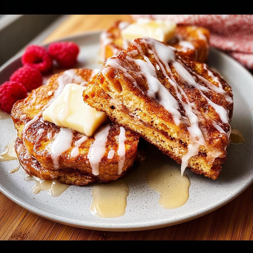 Golden brown French toast slices topped with butter, drizzled with icing, and served with raspberries, a perfect restaurant-style breakfast idea.