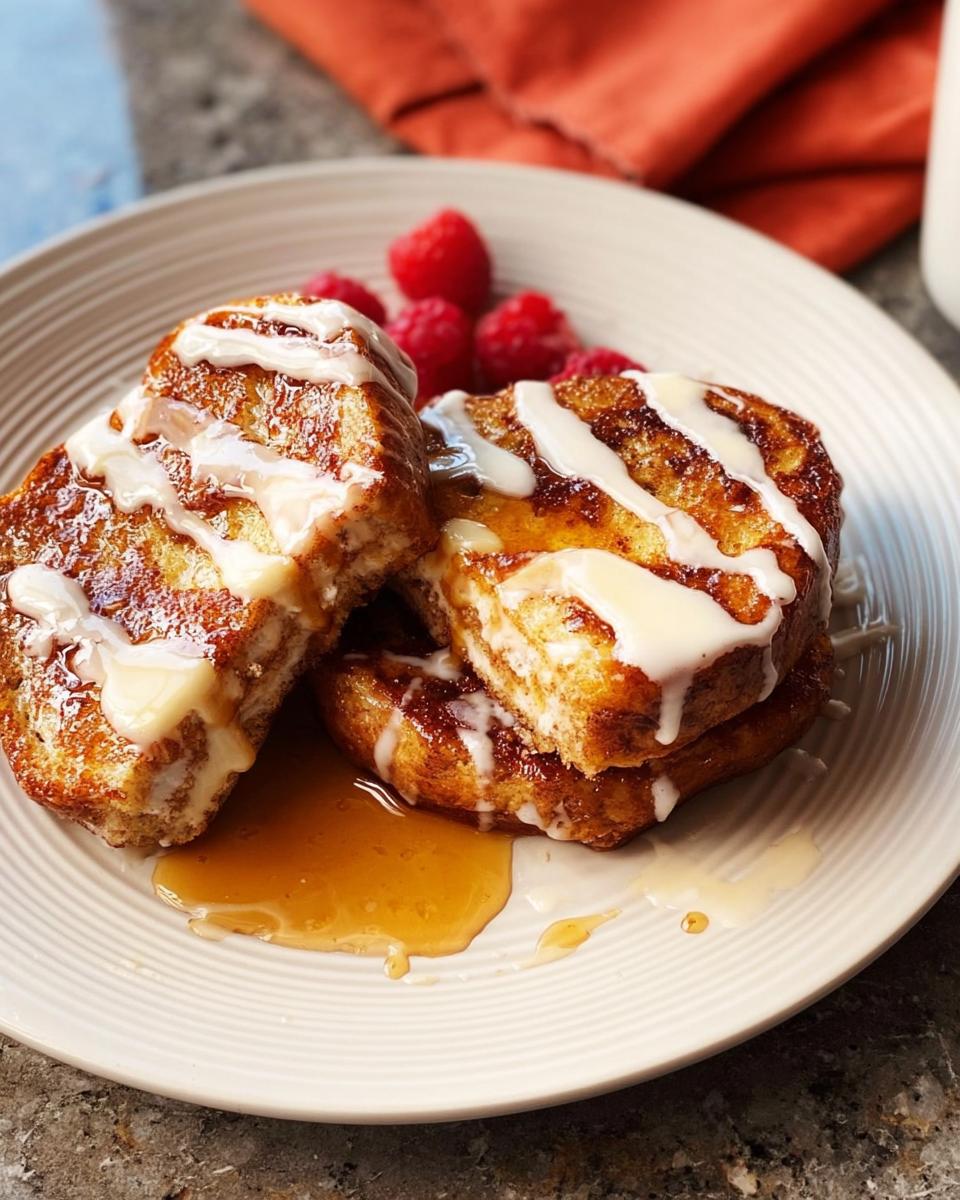 Close-up of restaurant-style French toast drizzled with icing and syrup, served with fresh raspberries.