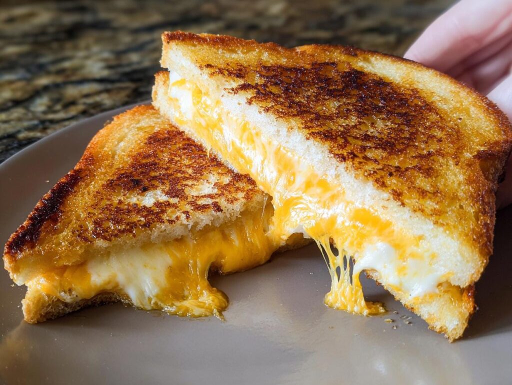 A perfectly golden brown, restaurant-style grilled cheese sandwich with gooey melted cheese oozing out.
