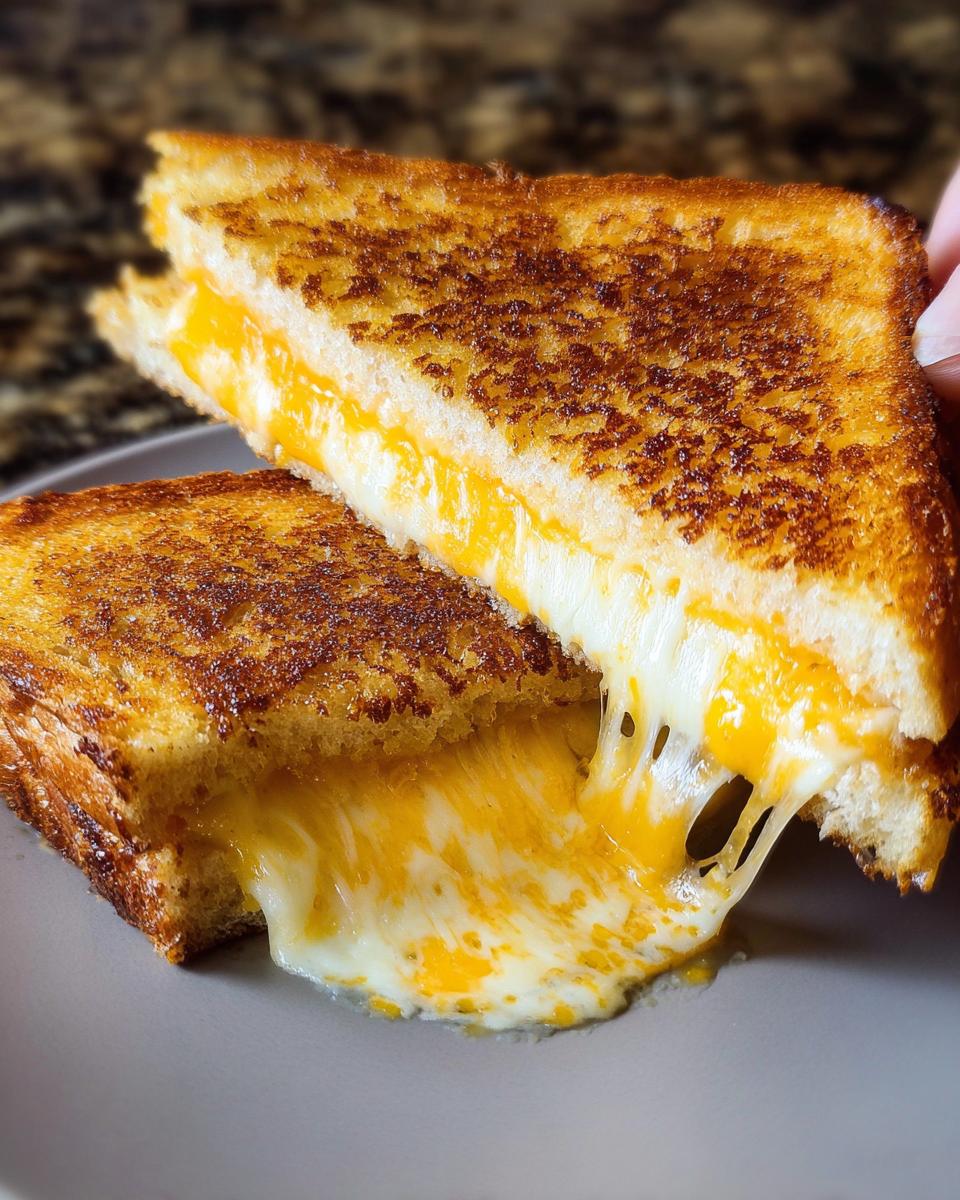 A perfectly grilled cheese sandwich, cut in half, with gooey melted cheese stretching out.