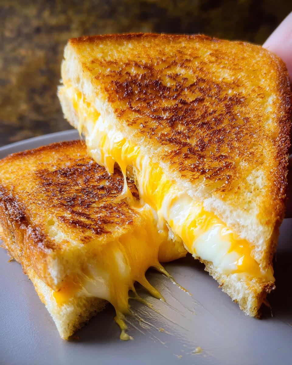 Close-up of a perfectly grilled cheese sandwich, cut in half, with melted cheese oozing out. Restaurant-Style Grilled Cheese Recipes at Home.