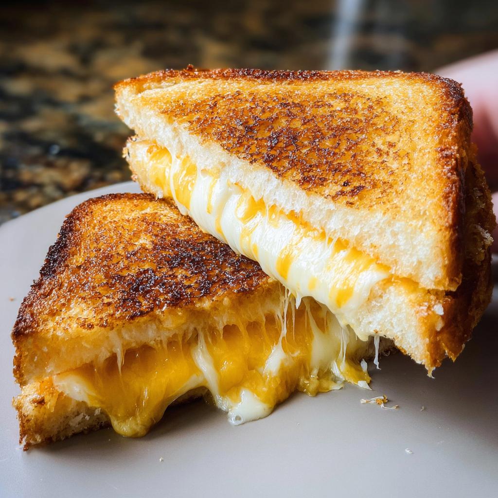 Two halves of a perfectly grilled cheese sandwich with gooey, melted cheese oozing out.