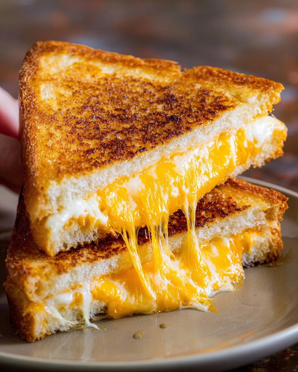 A close-up of two halves of a restaurant-style grilled cheese sandwich, with gooey melted cheese stretching between them.