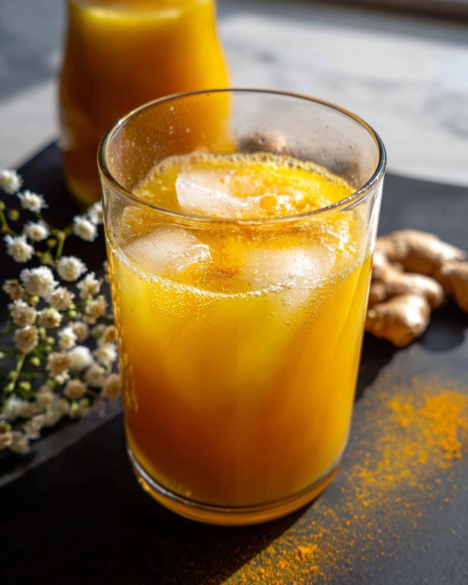 A refreshing glass of golden elixir with ice, featuring ginger and turmeric, perfect for Restaurant-Style Healthy Meals Recipes at Home.