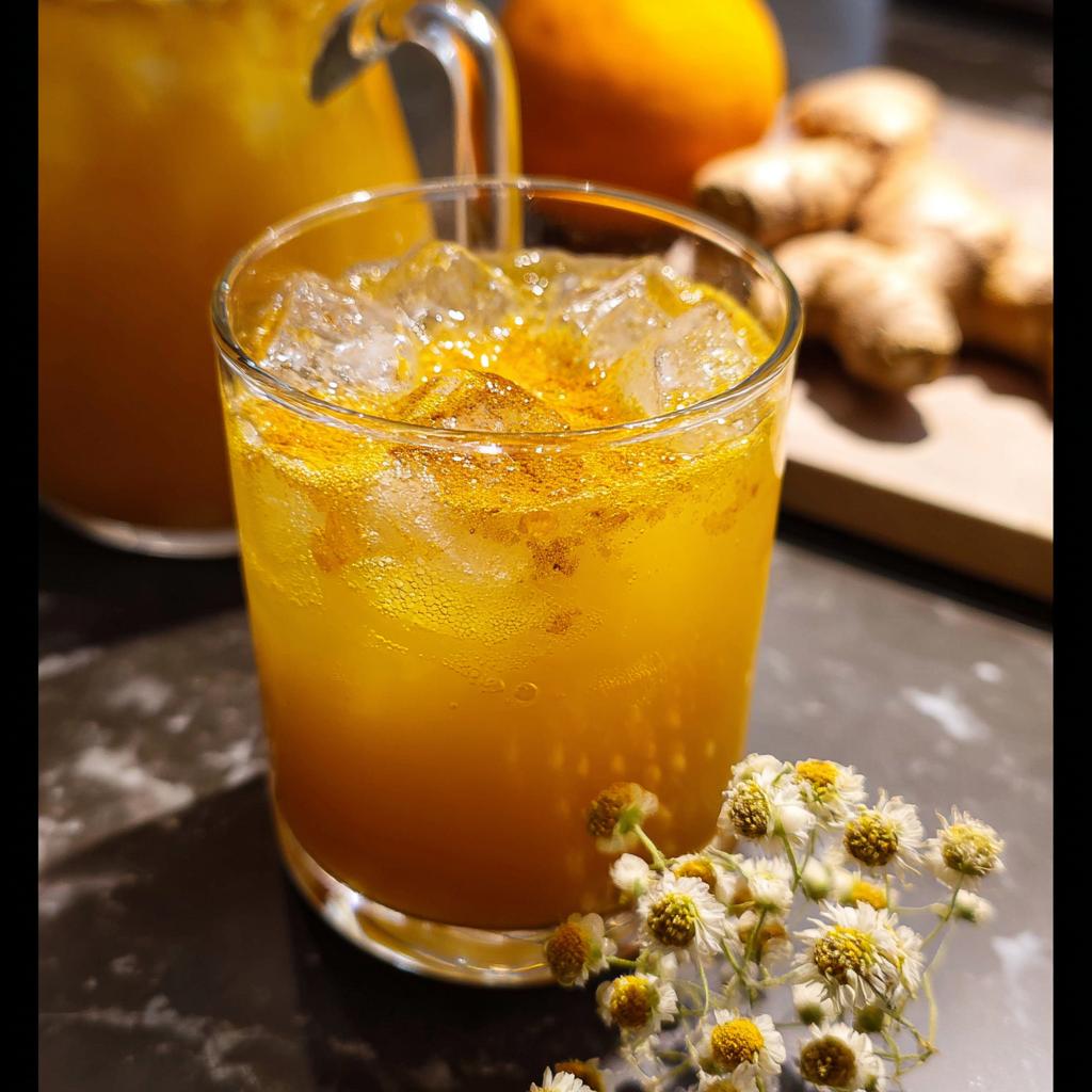 A refreshing glass of orange elixir with ice, topped with turmeric powder, served with ginger and an orange in the background. Part of Restaurant-Style Healthy Meals Recipes at Home (2025).