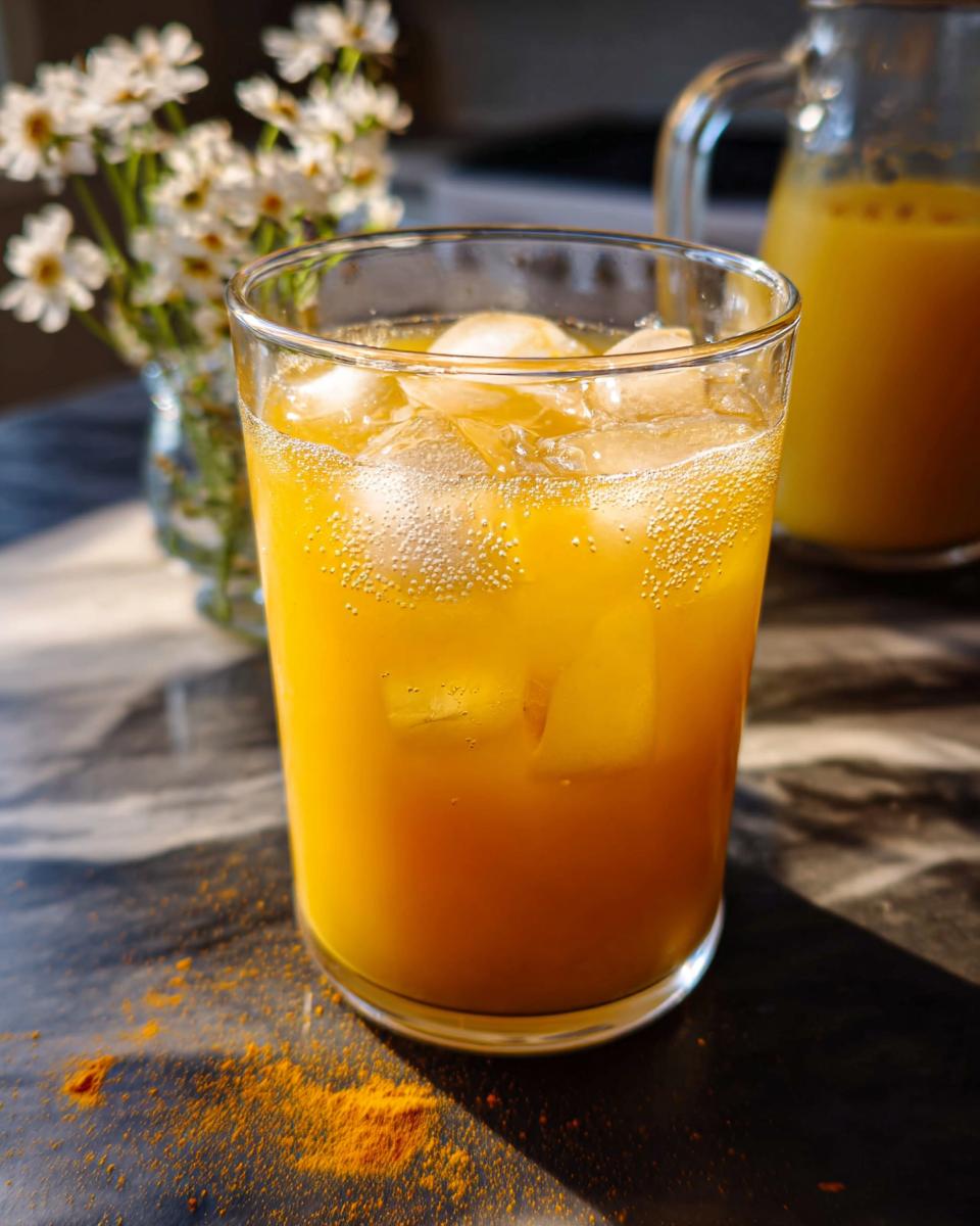 A refreshing glass of orange elixir with ice, garnished with turmeric powder, part of Restaurant-Style Healthy Meals Recipes at Home.