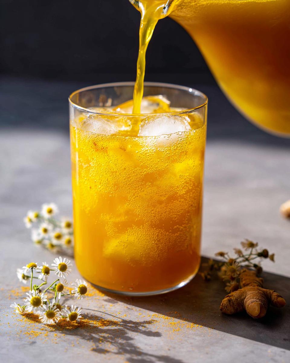 Pouring a vibrant golden turmeric elixir into a glass with ice, surrounded by chamomile flowers and ginger, part of Restaurant-Style Healthy Meals Recipes at Home.