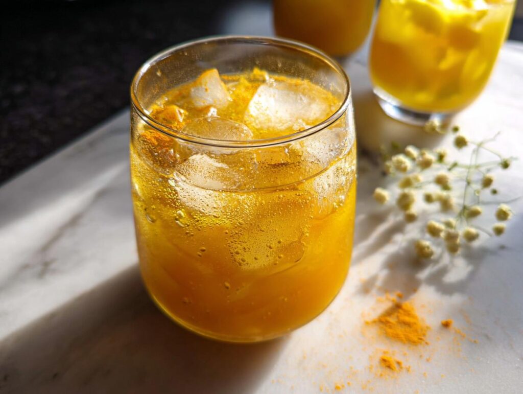 A refreshing golden turmeric elixir with ice in a glass, part of Restaurant-Style Healthy Meals Recipes at Home.