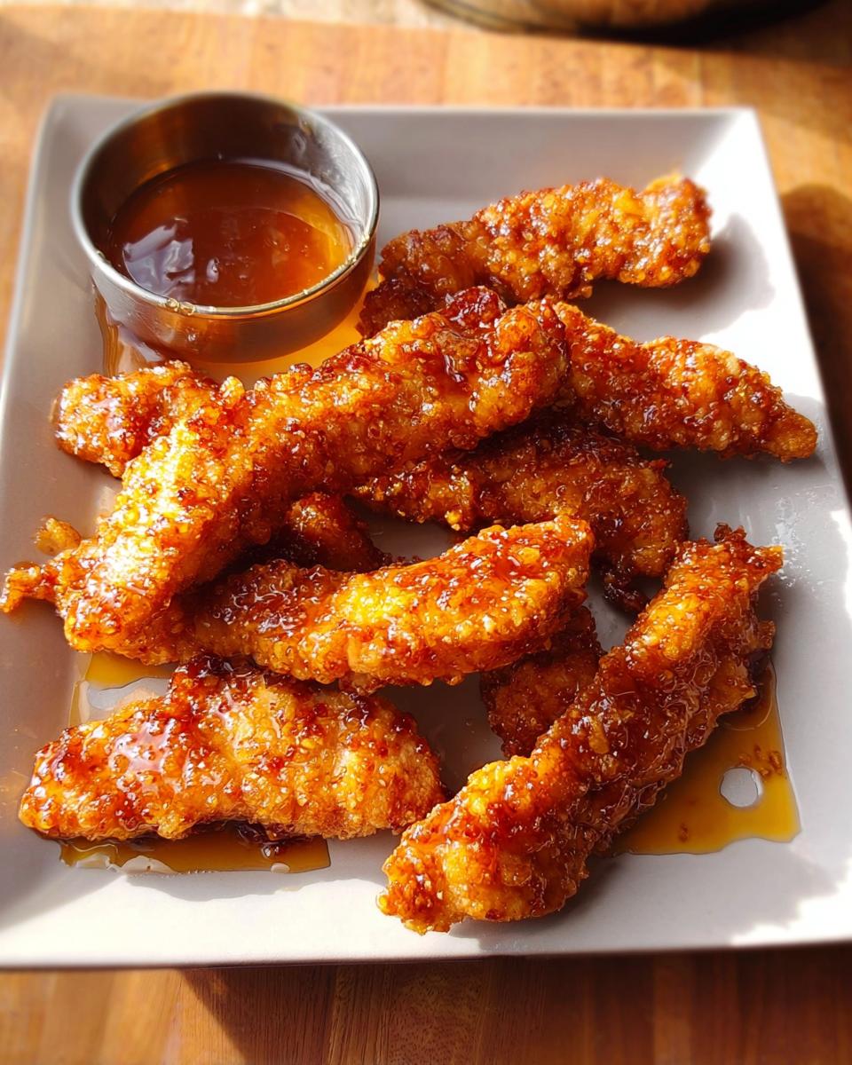 Crispy, golden hot honey chicken tenders drizzled with sauce, served with a side of honey for dipping.
