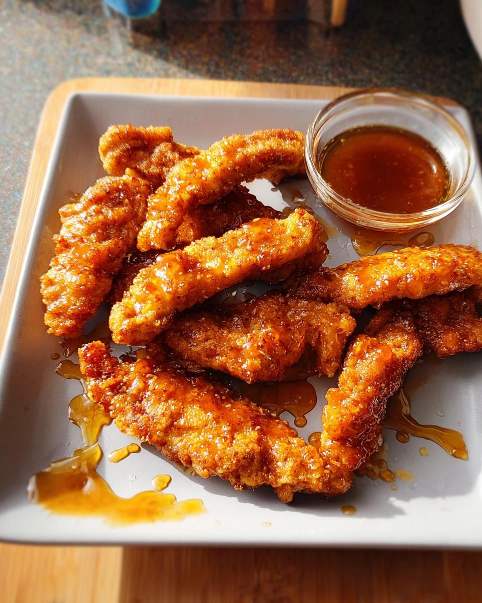 Crispy, golden hot honey chicken tenders drizzled with sauce, served with a small bowl of dipping sauce.