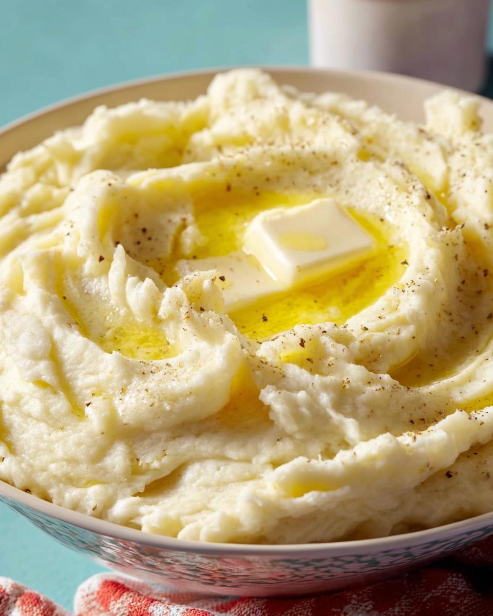 A close-up of creamy Restaurant-Style Mashed Potatoes with melted butter and cracked black pepper.