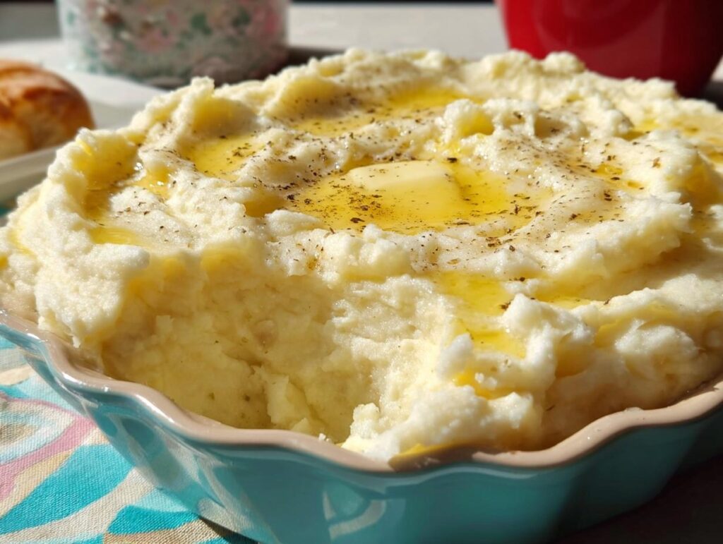 Close-up of creamy restaurant-style mashed potatoes with melted butter and black pepper.
