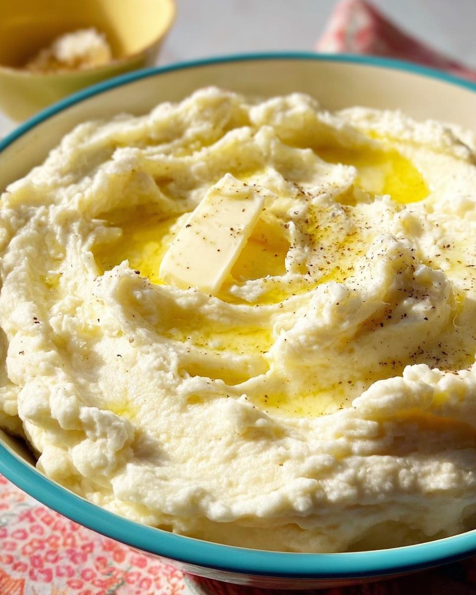 A close-up of creamy Restaurant-Style Mashed Potatoes at home, topped with melting butter and black pepper.