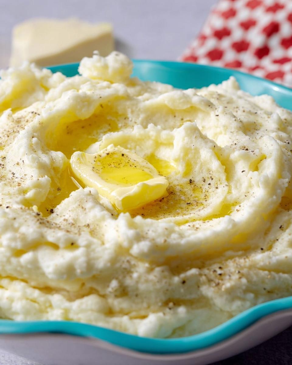 Close-up of creamy Restaurant-Style Mashed Potatoes Recipe with melting butter and cracked black pepper.