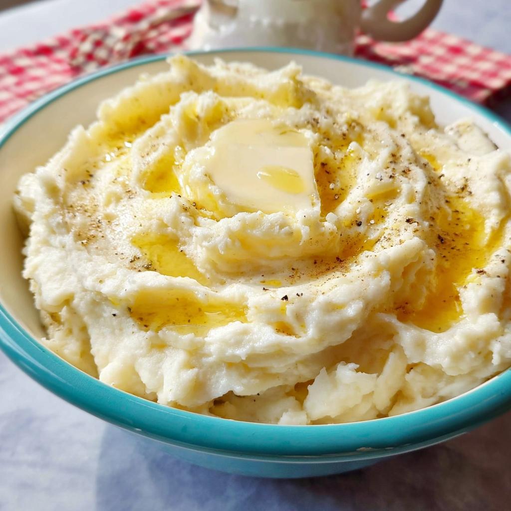 Close-up of creamy restaurant-style mashed potatoes recipe in a bowl, topped with melting butter and black pepper.