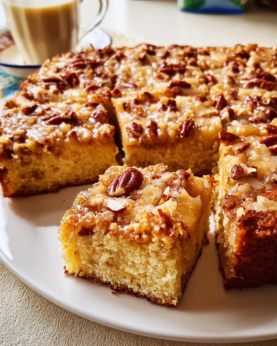 Close-up of a slice of restaurant-style pecan cake with a glaze and chopped nuts, served with coffee.